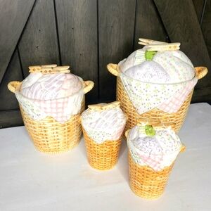 Lot of 4 Vintage Enesco Ceramic Laundry Jars 2 Canisters w Lids and 2 shackers